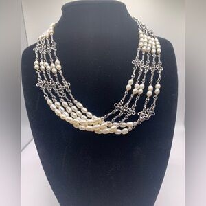 Silpada Rare Oxidized Sterling Flower & Freshwater Pearl 5-Strand Necklace